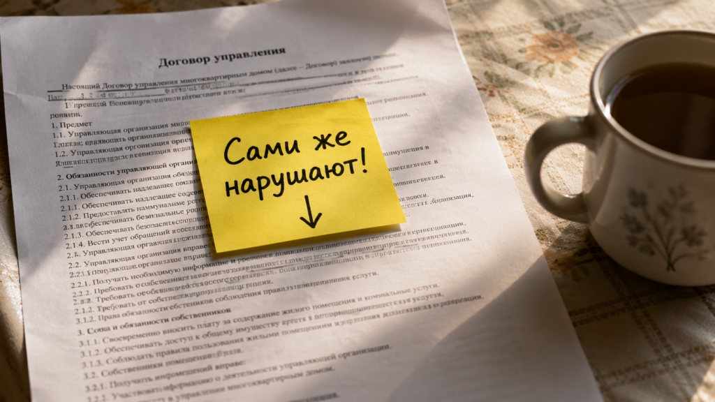 Жилец внимательно читает договор управления мкд и выделяет цветным маркером спорные пункты, нарушаемые самой компанией.