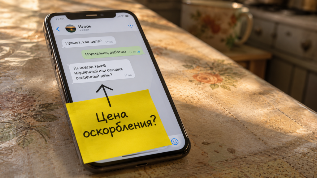 Скриншот переписки в мессенджере, иллюстрирующий оскорбление в домовом чате, за которое суд назначил крупную компенсацию.