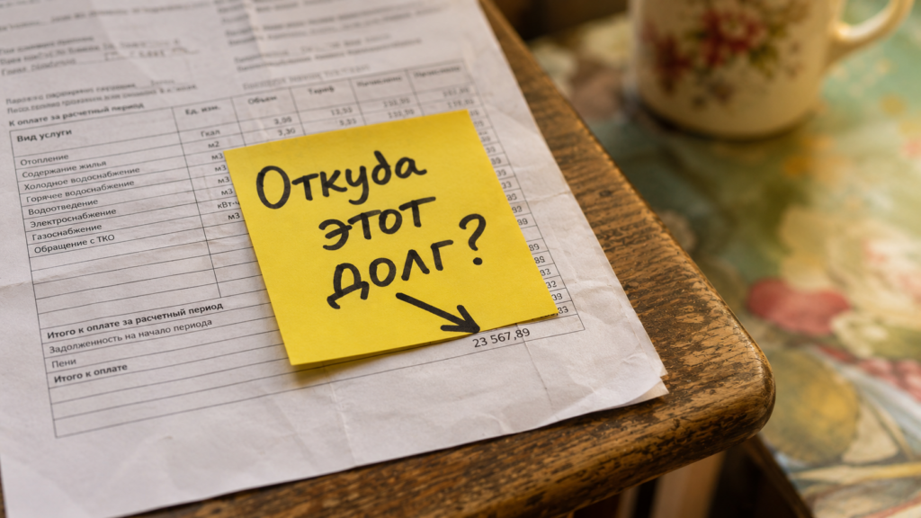 Владелец квартиры изучает квитанцию с начислениями от управляющей компании, чтобы разобраться, как оспорить долг по ЖКХ.
