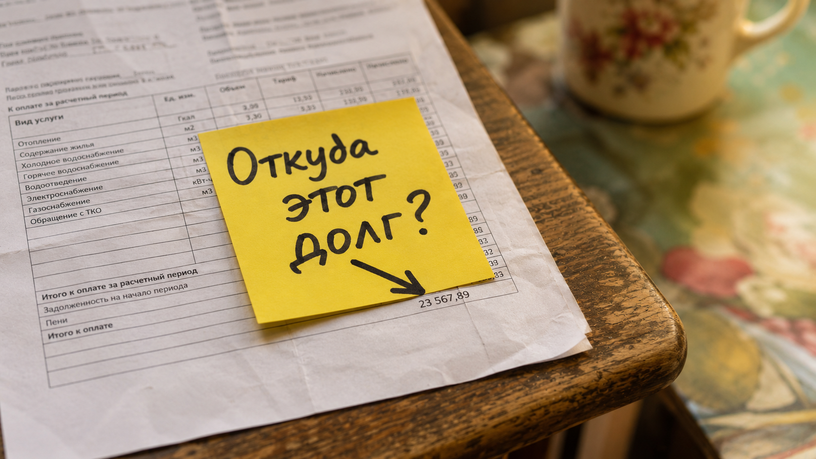 Владелец квартиры изучает квитанцию с начислениями от управляющей компании, чтобы разобраться, как оспорить долг по ЖКХ.