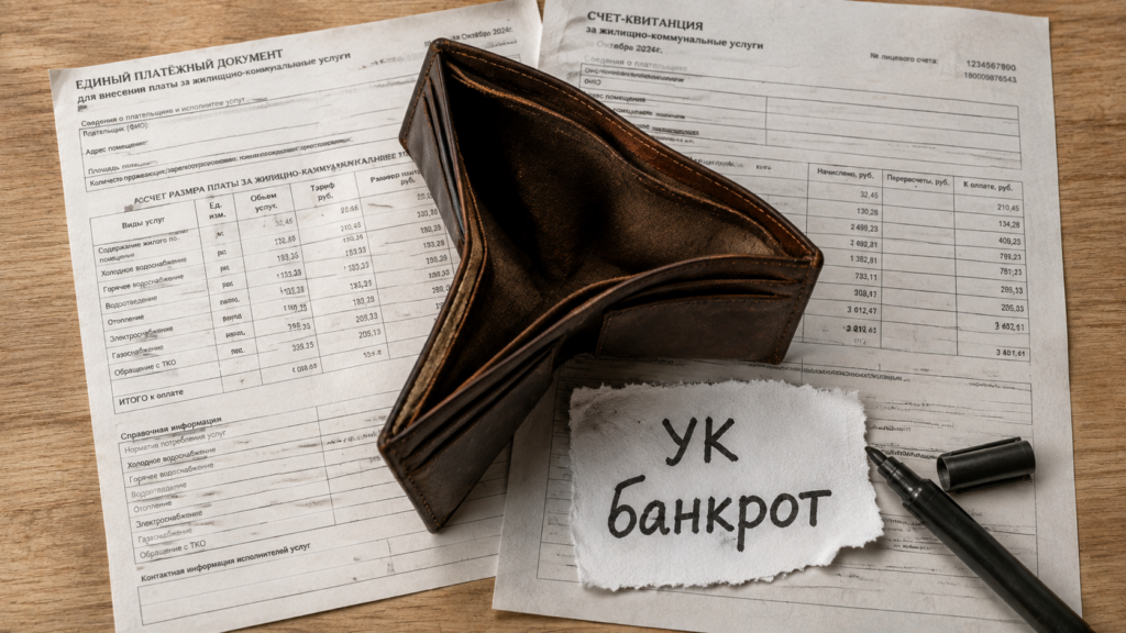 Иллюстрация документов о банкротстве управляющих компаний и калькулятора для расчета возможных потерь и возврата средств жильцов.