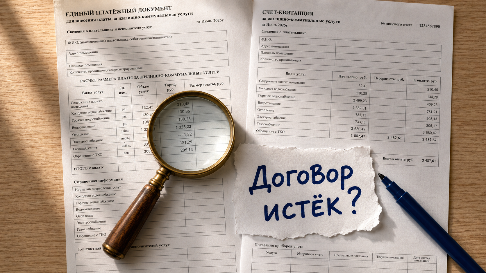Собственник внимательно изучает документы и квитанции ЖКХ на столе, чтобы проверить срок действия договора с ук.