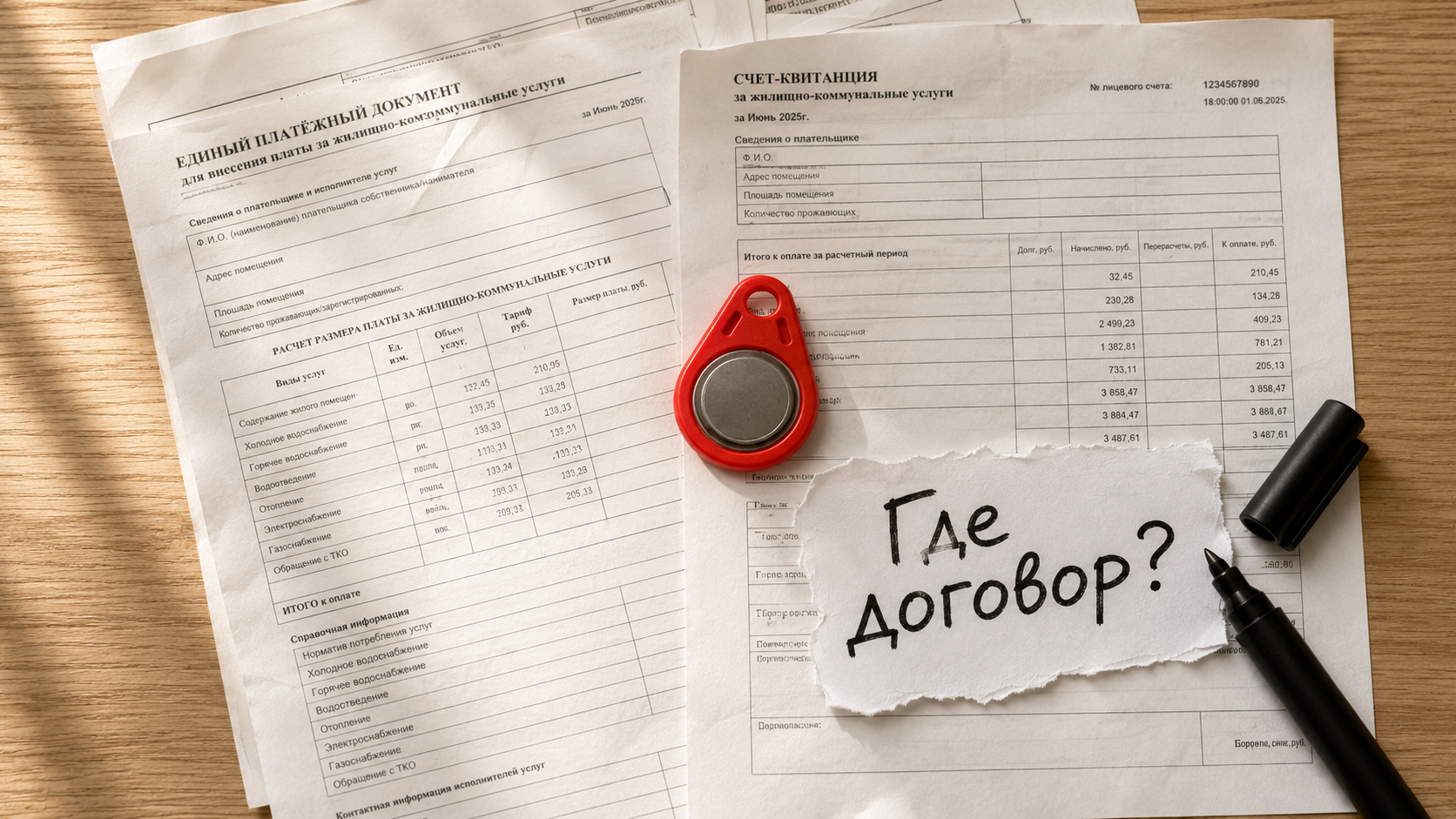 Квитанция на оплату за домофон лежит на столе рядом с ключами, символизируя незаконные счета за обслуживание без договора.