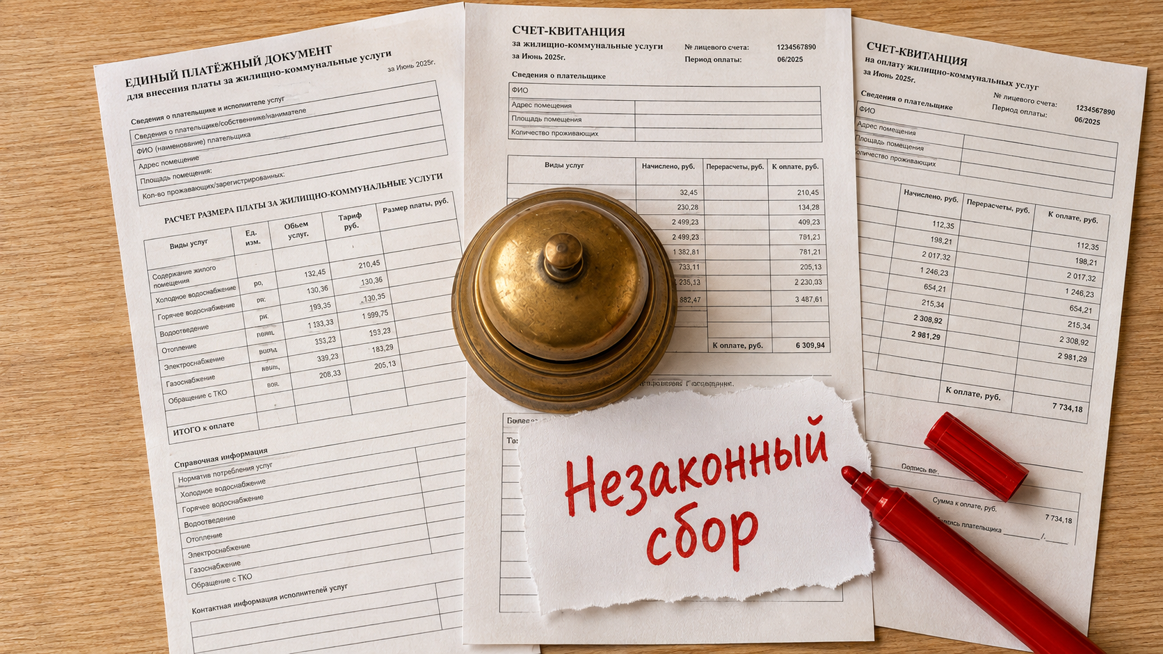 Квитанция ЖКХ с начислениями, где показана плата за консьержей и способы проверки управляющей компании жильцами дома.