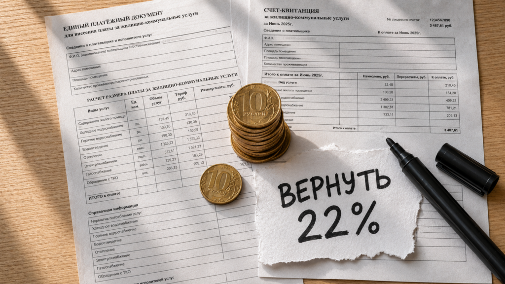 Стопка квитанций за коммунальные услуги, калькулятор и монеты, иллюстрирующие, как работает компенсация расходов на жкх.