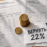 Стопка квитанций за коммунальные услуги, калькулятор и монеты, иллюстрирующие, как работает компенсация расходов на жкх.