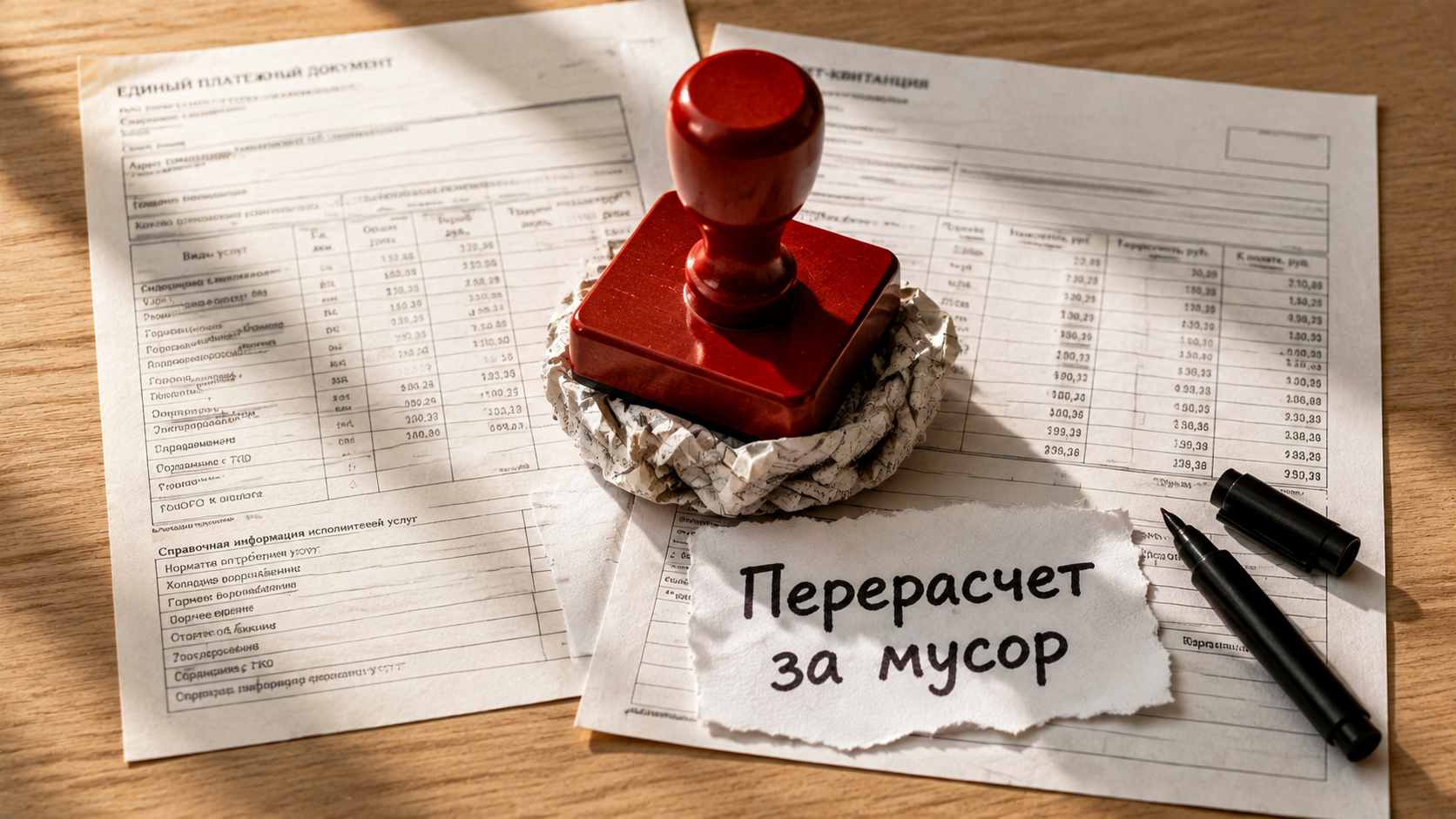 Документы и квитанции ЖКХ на столе, иллюстрирующие тарифы на вывоз мусора и процедуру оформления перерасчета для граждан.