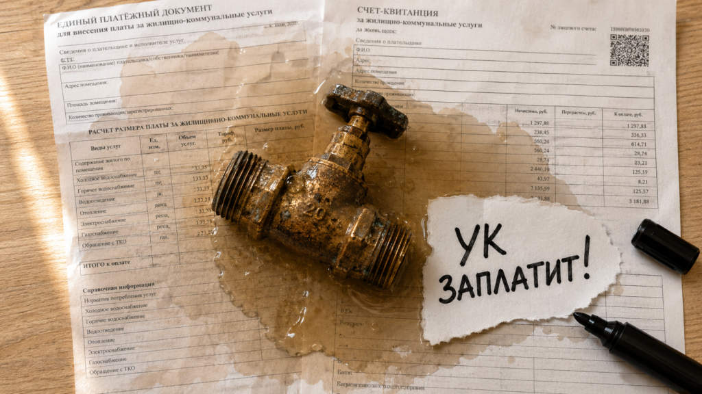 Залитая стена и размокшие документы на столе, иллюстрирующие ущерб от залива квартиры по вине управляющей компании.