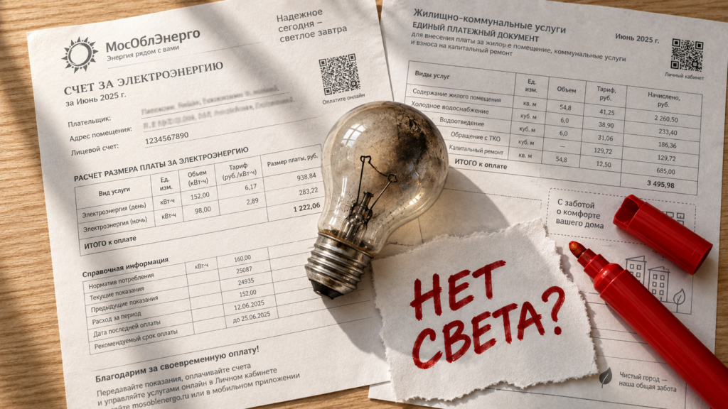 Житель квартиры в темноте с квитанцией в руках думает, куда жаловаться на УК за незаконное отключение электроэнергии.