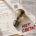 Житель квартиры в темноте с квитанцией в руках думает, куда жаловаться на УК за незаконное отключение электроэнергии.