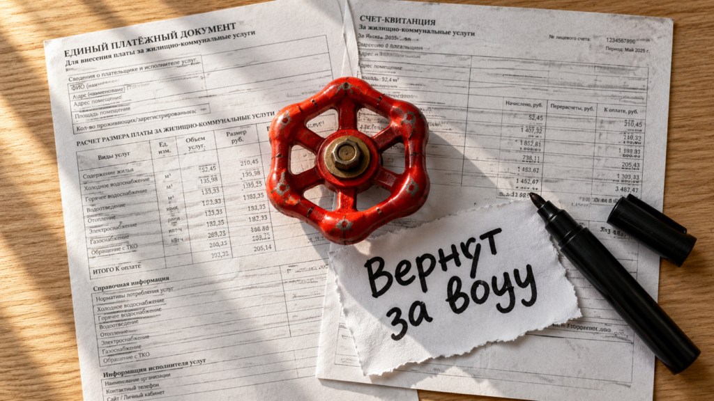 Квитанция на оплату коммунальных услуг и калькулятор, иллюстрирующие перерасчет за отсутствие воды свыше нормы в восемь часов.