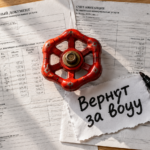 Квитанция на оплату коммунальных услуг и калькулятор, иллюстрирующие перерасчет за отсутствие воды свыше нормы в восемь часов.